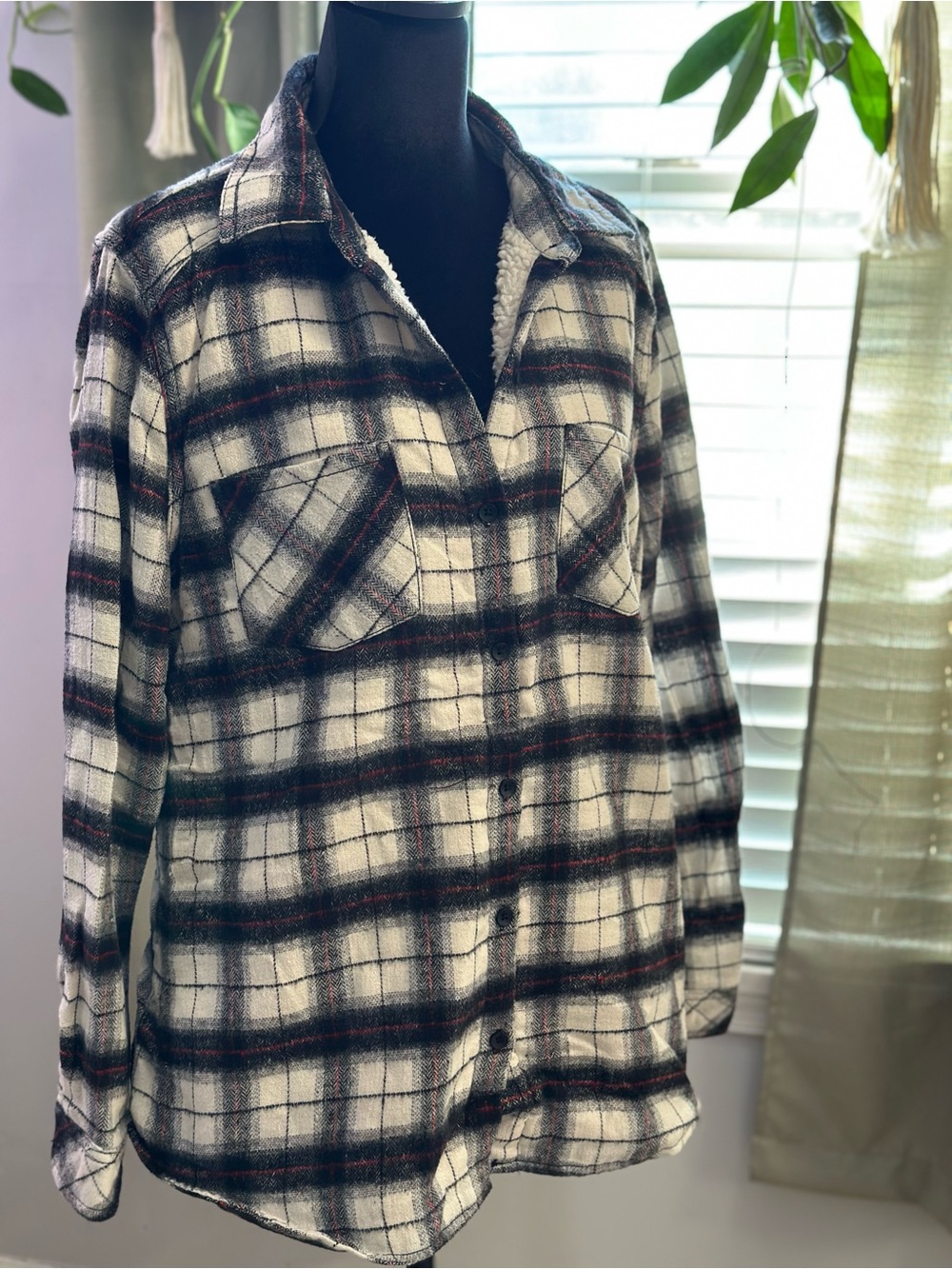 Cisono XL Plaid Sherpa Lined Shacket Flannel Shirt Jacket Black White